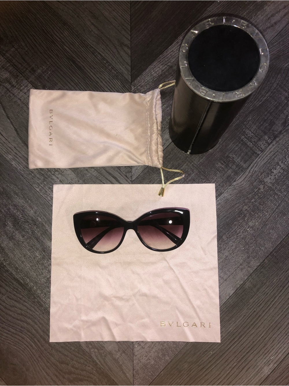 Bulgari Black Cat-Eye Sunglasses with Gradient Pink-Brown Lenses